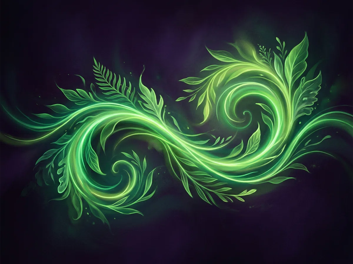 Abstracte gloeiende groene spiraal die natuurlijke energie en botanische kracht symboliseert
