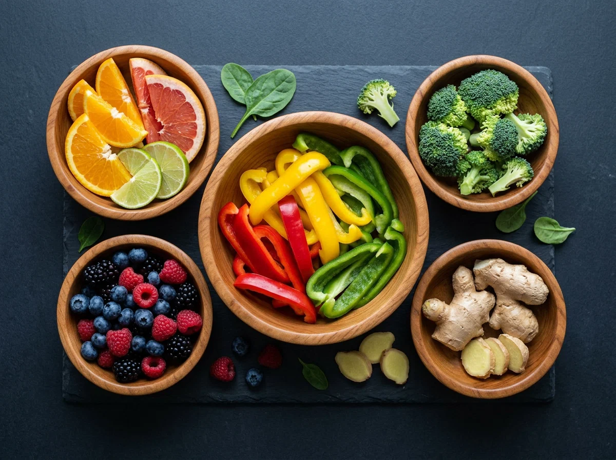 Kleurrijke verse groenten en fruit: paprika, citrus, bessen, broccoli, gember - botanische voedingsstoffen